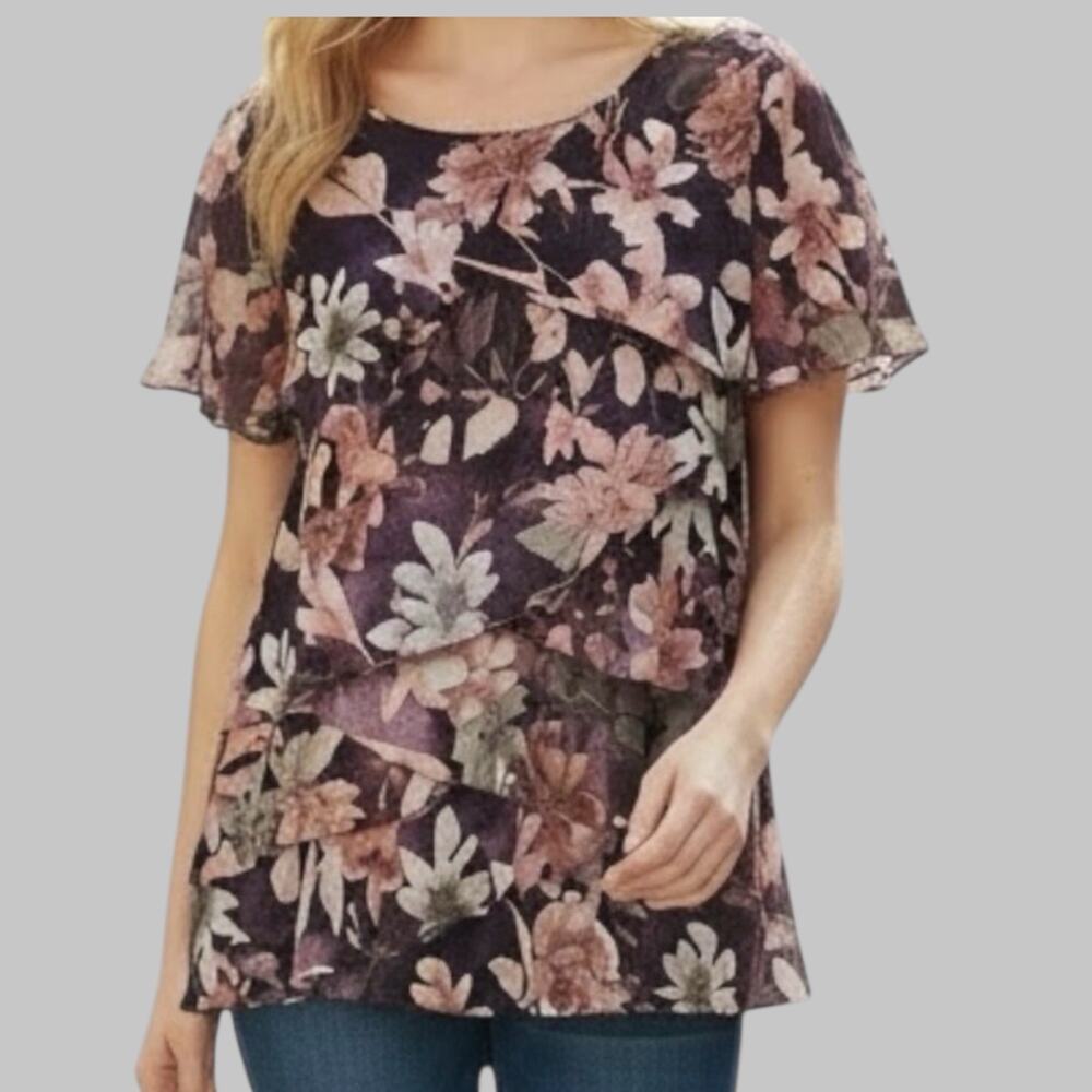 Semi Sheer Lined Burgundy Tiered Ruffle Fairy Grunge Whimsigoth Floral Blouse L